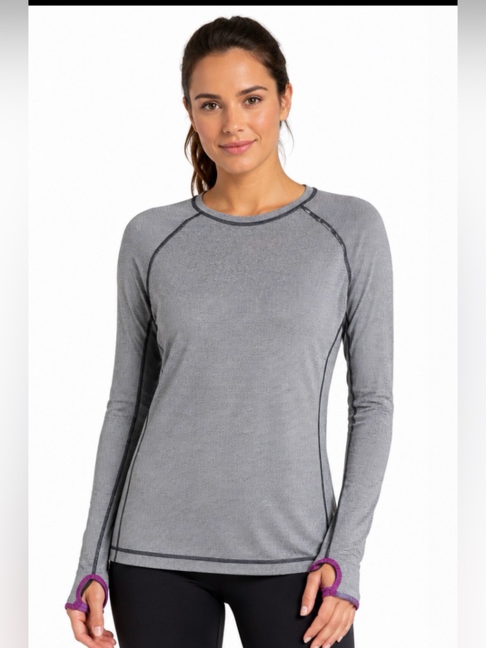 Lucy Gray Stripe Thumbhole Performance Long Sleeve Athletic Top Large